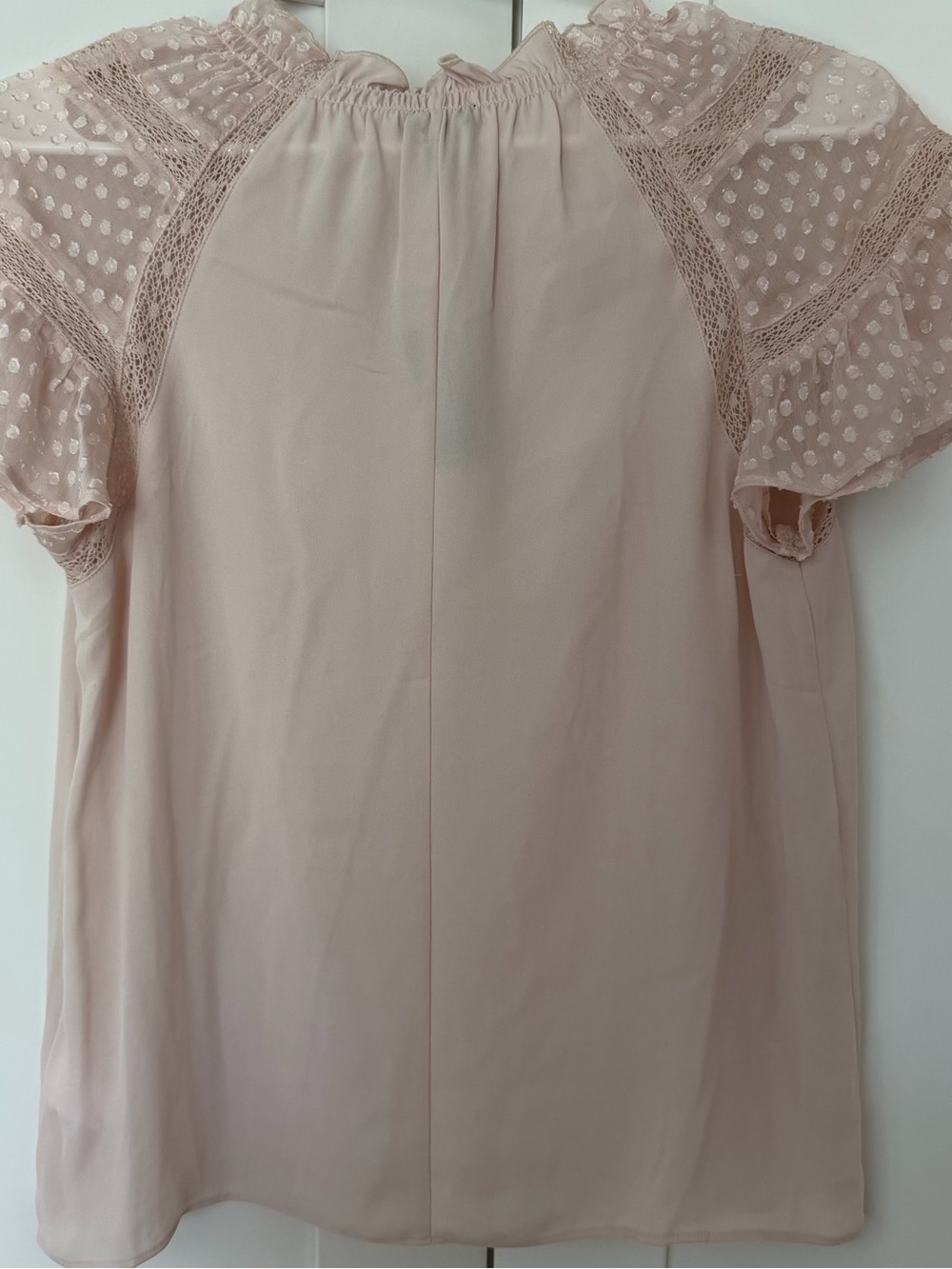Express Women's Blush Pink Short Sleeve V-Neck Blouse with Lace Dot Sleeves - Picture 3 of 5